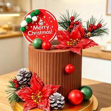13 Buah Hiasan Kue Natal, Bunga Buatan Merah, Jarum Pinus, Buah Beri Merah & Tusuk Buah Pinus, Dekorasi Kue Tema Merah Natal, Set Hiasan Kue Cupcake untuk Pesta Liburan - MultiWarna - View 2
