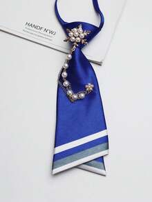 1pc Women's Fashion Luxury Faux Pearl Flower Shaped & Metal Chain Decor Tie, Personalized Street Style Striped Patchwork Double-Layer Adjustable Tie, Suitable For Daily, Office, Campus, Party, Evening, And Stage Wear, All Seasons - Multicolor - View 19