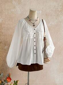 Rusttydustty Women's White Pure Cotton Vintage French Bohemian Style Doll Blouse, Embroidered Patchwork Hollow Design, Suitable For Autumn, Halloween - White - View 5