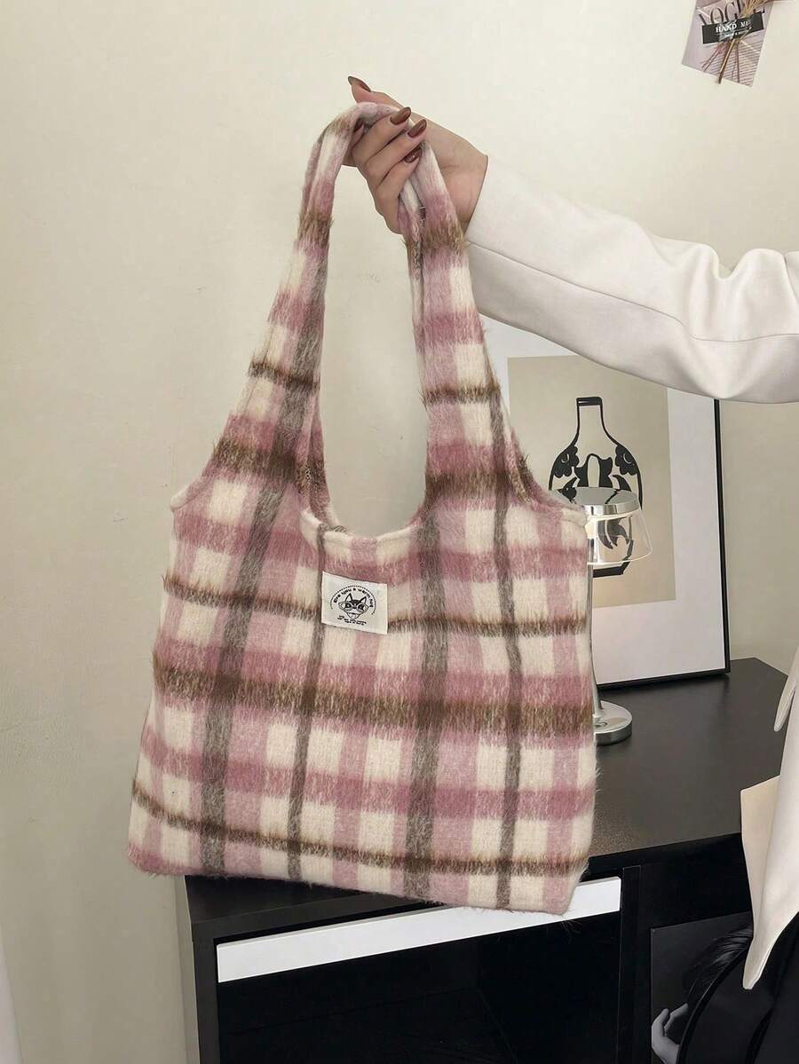 秋冬款粉色格紋毛絨托特包,復古羊毛大容量通勤女款單肩托特包 - 粉色 - 查看 1