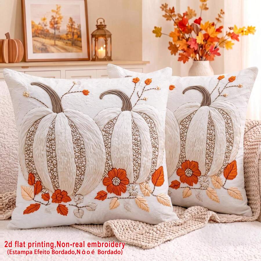 2 piezas Fundas de almohada con estampado de calabaza blanca bordada y hojas de otoño, fundas de cojín de poliéster ligero con estampado de un solo lado, estilo vintage para Acción de Gracias, lavables a mano/máquina/limpieza en seco, cierre con cremallera, adecuadas para decoración del hogar de otoño, sofá, cama, dormitorio, sala de estar, cafetería, sala de exposiciones, fundas de almohada decorativas, decoración diaria para fiestas festivas - Blanco - Ver 1