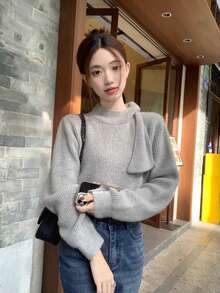 [Y6Y] Sweater Rajut Wanita Kerah Semi-Tinggi dengan Ikatan Depan, Atasan Pullover Lembut & Hangat untuk Musim Gugur/Musim Dingin, Gaya Elegan - Grey - View 5