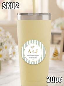 8/20/40pc Personalized Custom Monogram Wedding Stickers, Custom Names Date Round Sealing Labels, Green Stripe Floral Pattern, Wedding Favor Souvenir Gift, For Bride Groom Wedding Guests, Envelope Cup Gift Box Matchbox, Wedding Party Decor Stickers - Multicolor - View 12