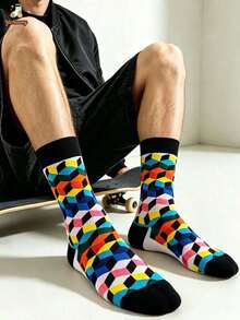 1 Pair Men's Mid-Calf Socks, Colorful Geometric Socks, European And American Street Style, Unisex, Brand Contrast Color Argyle Casual Personalized Socks - Multicolor - View 3