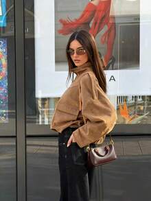 Women's Loose Suede Short Jacket, Exaggerated Shoulder Design With Pockets, Long Sleeve Zipper Collar Autumn Outerwear - Khaki - View 4