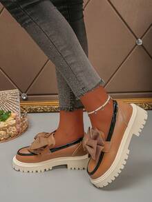 Women's Wedge Heel Thick Sole Loafers With Bow Decor, Fashionable Versatile Slip-On Shoes - Khaki - View 3