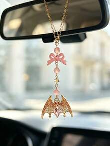 Pink Diamond Bat Bow Car Rearview Mirror Hanging Ornament, Beaded Car Interior Pendant, Sweet & Cool Girly Style - Bat - View 5