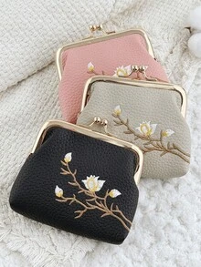 Fashionable Flower Embroidery Appearance, Multi-Functional And Compact Design With A Clip Opening And Closing, Portable Coin Purse And Card Bag - Pink - View 3