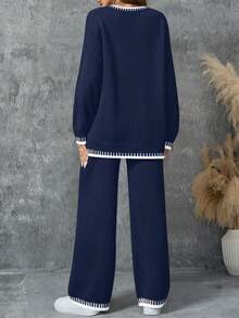 女款兩件式拼色針織衫套裝，長袖圓領上衣搭配長褲，休閒秋冬居家服裝，女款秋季時尚 - 寶藍色 - 查看 6