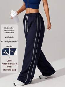 1pc Women's Waffle Knit Loose Straight Leg Drawstring Waist Contrast Color Simple Fitness Sports Pants, Spring/Summer - Navy Blue - View 2
