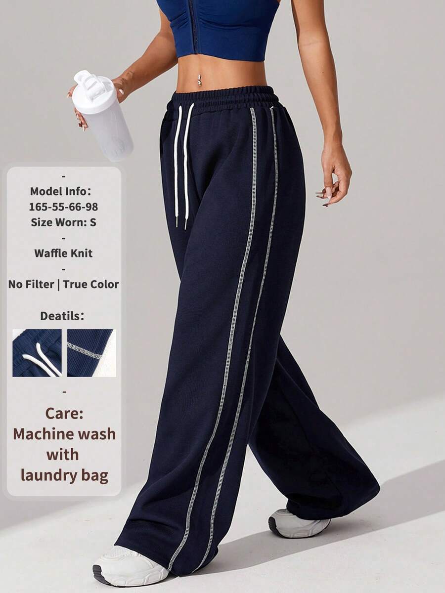 1pc Women's Waffle Knit Loose Straight Leg Drawstring Waist Contrast Color Simple Fitness Sports Pants, Spring/Summer