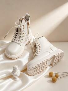 1 Pair Fashion Classic Lace-Up Boots With Metal Eyelets, Side Zipper, Workwear Style, Cute Cat Ear Design, Comfortable And Soft, Suitable For Daily Wear, Campus Commute, All-Season Versatile - Beige - View 7