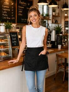 Pure Black Waist Apron With Pockets For Server, 3 Pockets, Waterproof And Splash-Proof, Unisex, With Extended Waistband, Suitable For Gardening, Cooking And Catering Service, Ideal For Kitchen And Restaurant Work - Black - View 8