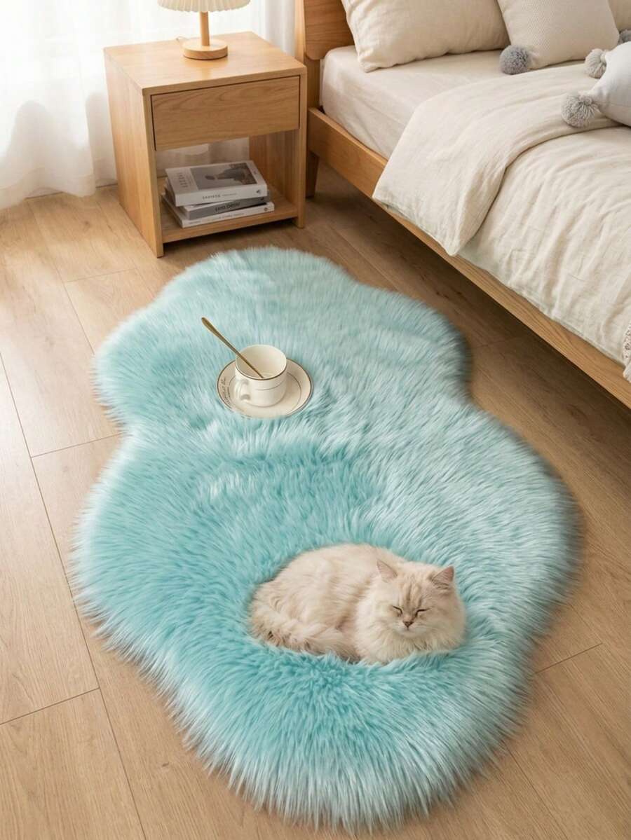 1pc Light Blue Cloud Faux Rabbit Fur Rug, Soft Comfortable Fluffy Material, Irregular Size, Cutting Error 1-5cm, Decorative Rug, Living Room Rug, Bedroom Rug, Entryway Rug, Kitchen Rug, Bathroom Rug, Gaming Room Rug, Study Rug, Walk-In Closet Rug, Thickened Rug, Autumn/Winter Rug, Fur Rug, Thick Rug - Multicolor - View 1