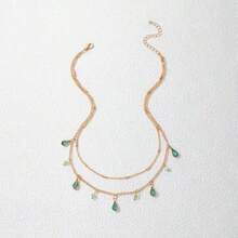 1pc Minimalist Style Green Rhinestone Inlaid, Exquisite Double Layer Chain Design, Perfect For Women's Daily Wear Necklace - Water Drop - View 5