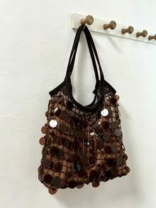 Korean Style Shiny Sequin Niche Design Ins Style Patchwork Handbag, Commute, Outing, Daily Shopping, Shoulder Slouchy Handbag - Coffee Brown - View 6