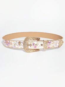 1件白色紫色花卉印花水鑽復古雕花金扣女款寬腰帶，奢華甜美西式百搭裝飾皮革腰帶，珍珠邊飾細節精緻吸睛，適合搭配洋裝、裙子、襯衫、針織衫、牛仔褲與夾克腰部點綴，適用於日常通勤、約會、旅行、度假拍照、派對演出等時尚場合 - 粉色燙金-A - 查看 4