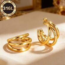 Golden Hypoallergenic Stainless Steel Earrings High- Anti-Fading, Comfortable Elegant, Suitable For Daily Wear Women's Earrings, Jewelry Accessories - Golden - a - View 3