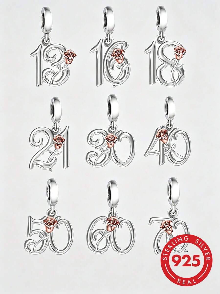 1pc 925 Sterling Silver Numeric DIY Pendant Beads, Jewelry For Women, Unisex Commemorative Gift - Silver - View 1