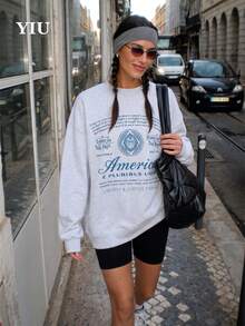 Sweatshirt Pullover Lengan Panjang Leher Bulat Warna Abu-abu Muda Wanita YIU, Detail Rajutan Bergaris dan Pola Cetak, Gaya Streetwear Kasual - Grey - View 4