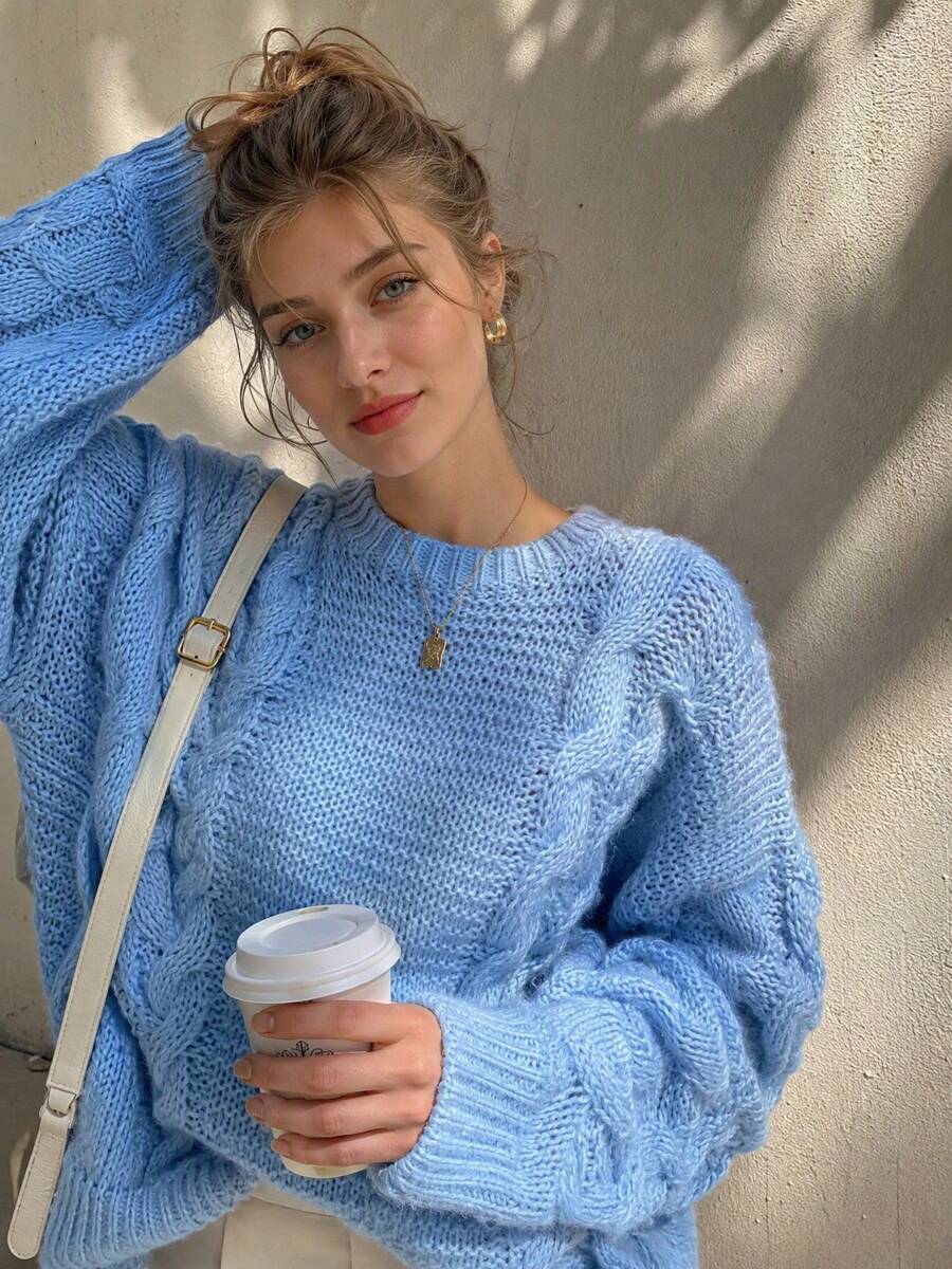 Women's Light Blue Round Neck Cable Knit Sweater, Loose Drop Shoulder Hollow Out Lazy Pullover Top, Autumn/Winter - Blue - View 1