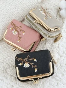 Fashion Floral Embroidered Design, Snap Closure, Compact & Portable, Women's Short Multi-Function Wallet - Pink - View 3