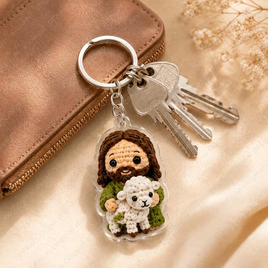 10Pcs Crochet Style Jesus Blessing Keychain (2D Flat Random Design) Cute Christian Theme Acrylic Pendant Knit Effect Faith Backpack Charm Party Gift Blessing Birthday Holiday Present - View 1