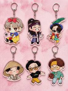 6Pcs K-Pop Themed Acrylic Keychains, Featuring Chibi Member Character Costume Designs (Ancient Chinese Hanfu, Straw Hat And Sports Styles), Fashionable Bag Charms, Suitable For Back To School, Gift For K-Pop Fans, Exquisite Collection, All Season Use - Multicolor - View 3