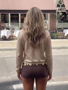 New Fine Glitter Pearlescent Textured Knit Cardigan, Soft Short V-Neck Sun Protection Jacket, Versatile For Commuting, Dating, Vacation, Shopping And Multiple Occasions - Champagne - View 9