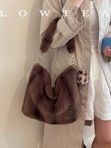 low tea 1pc Fashionable Wanderer Style Plush Fabric Shoulder Bag, Suitable For Commuting, Shopping, Etc. (With Pendant) - Coffee - View 6
