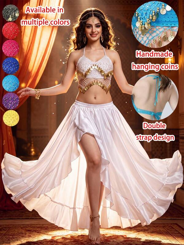 1pc 8 Colors Optional Belly Dance Performance Costume For Women, Gold Coin Camisole Top With Large Split Skirt, Exotic Palace Dance Party Performance Outfit, Festival Party Stage Dance Dress, Hollow Crochet Top With Metal Gold Coin Decoration, Flowing Satin Large Skirt, Suitable For Belly Dance Performance, Theme Party, Banquet Party, Relaxed Fit, Dynamic Skirt Movement, Dance Performance Atmosphere