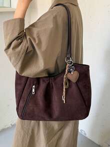 1pc Minimalist Vintage Solid Color Large Capacity Shoulder Bag Casual Lightweight Daily Tote Bag (Without Pendant) - Multicolor - View 2
