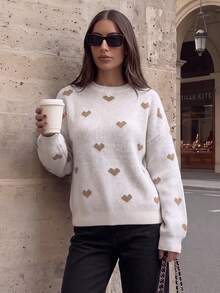Sweater Lengan Panjang Leher Bulat Motif Hati untuk Wanita, Bahan Regular Fit, Cocok untuk Musim Gugur dan Musim Dingin, Modis dan Nyaman. - Putih - View 1