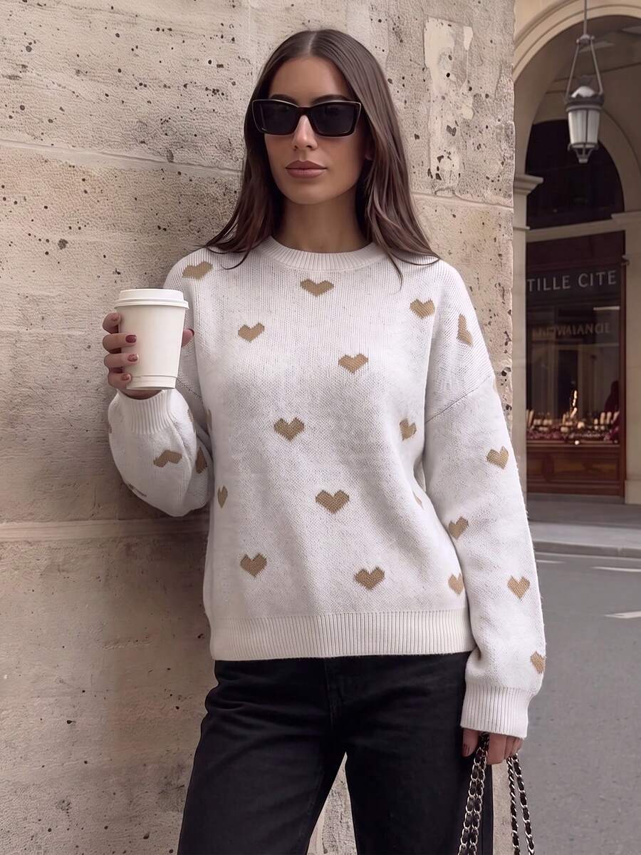Sweater Lengan Panjang Leher Bulat Motif Hati untuk Wanita, Bahan Regular Fit, Cocok untuk Musim Gugur dan Musim Dingin, Modis dan Nyaman. - Putih - View 1