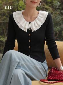 YIU Damen schwarzer Strickpullover, weißer Rüschenkragen, Langarm, Basic Top, Knopfdesign vorne, perfekte Wahl für den Herbst - Schwarz - Übersicht 3