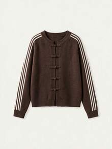 FOR BEAUTY Fall Winter Women Cardigans Y2K Chic Brown Striped Sleeve Frog Button Knit Tops Loose Crewneck Sweaters Office Brunch Casual Outfits - Brown - View 7