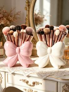 Cute Bow Shape Makeup Brush Holder, Ceramic Cosmetic Storage Organizer, Desktop Vanity Container For Brushes, Lipsticks, Beauty Supplies, Dresser Decor Accessory - Multicolor - View 8