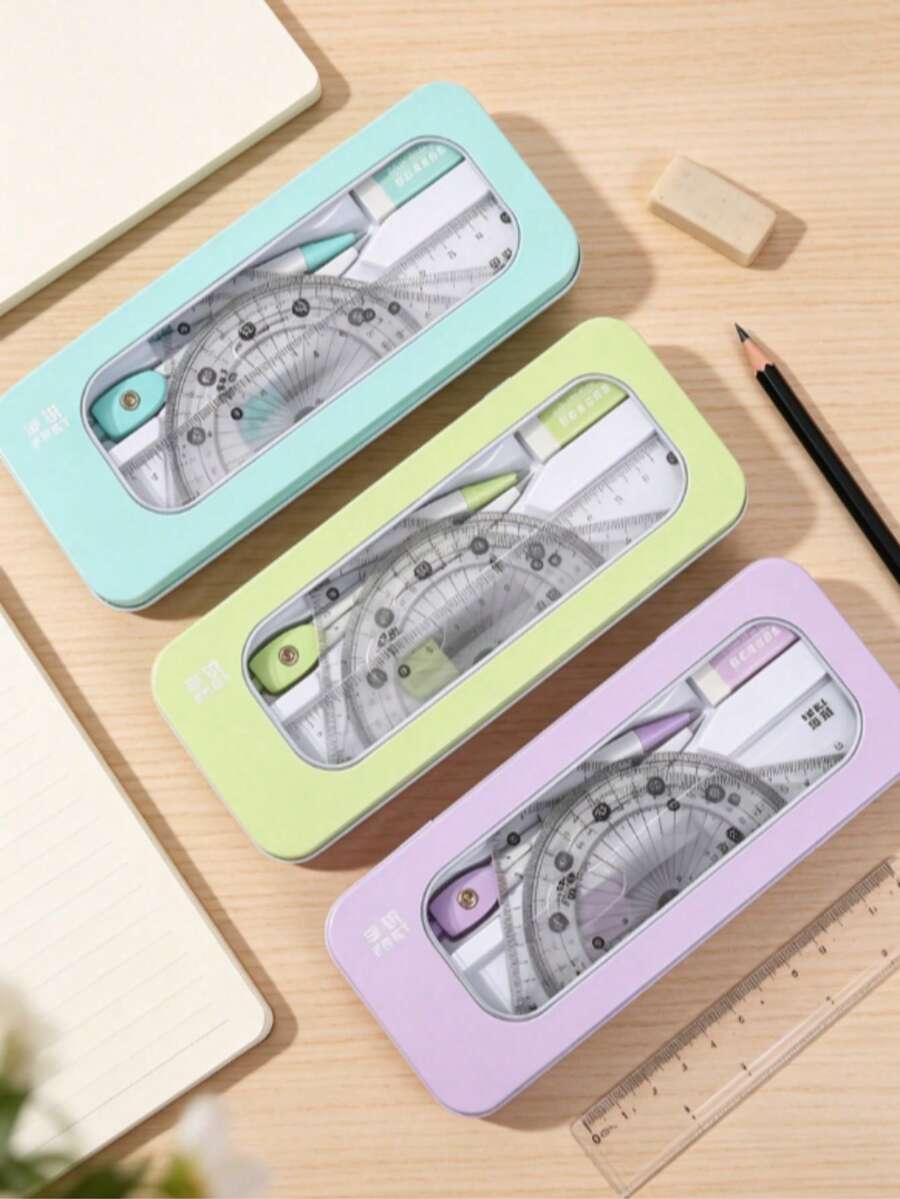 Set Penggaris Mini Multifungsi 7 Buah, Set Alat Geometri Matematika, Termasuk Kompas, Penggaris Segitiga, dan Aksesoris Logam, Perlengkapan Alat Tulis Sekolah - A - View 1
