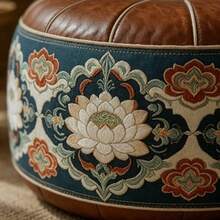 Chinese Lotus Embroidery Round Soft Ottoman, Vintage Faux Leather Padded Floor Stool, Traditional Floral Embroidery Decoration, Multi-Purpose As Extra Seating, Footstool, Coffee Table, Suitable For Living Room, Tea Room And Meditation Space - Multicolor - View 2