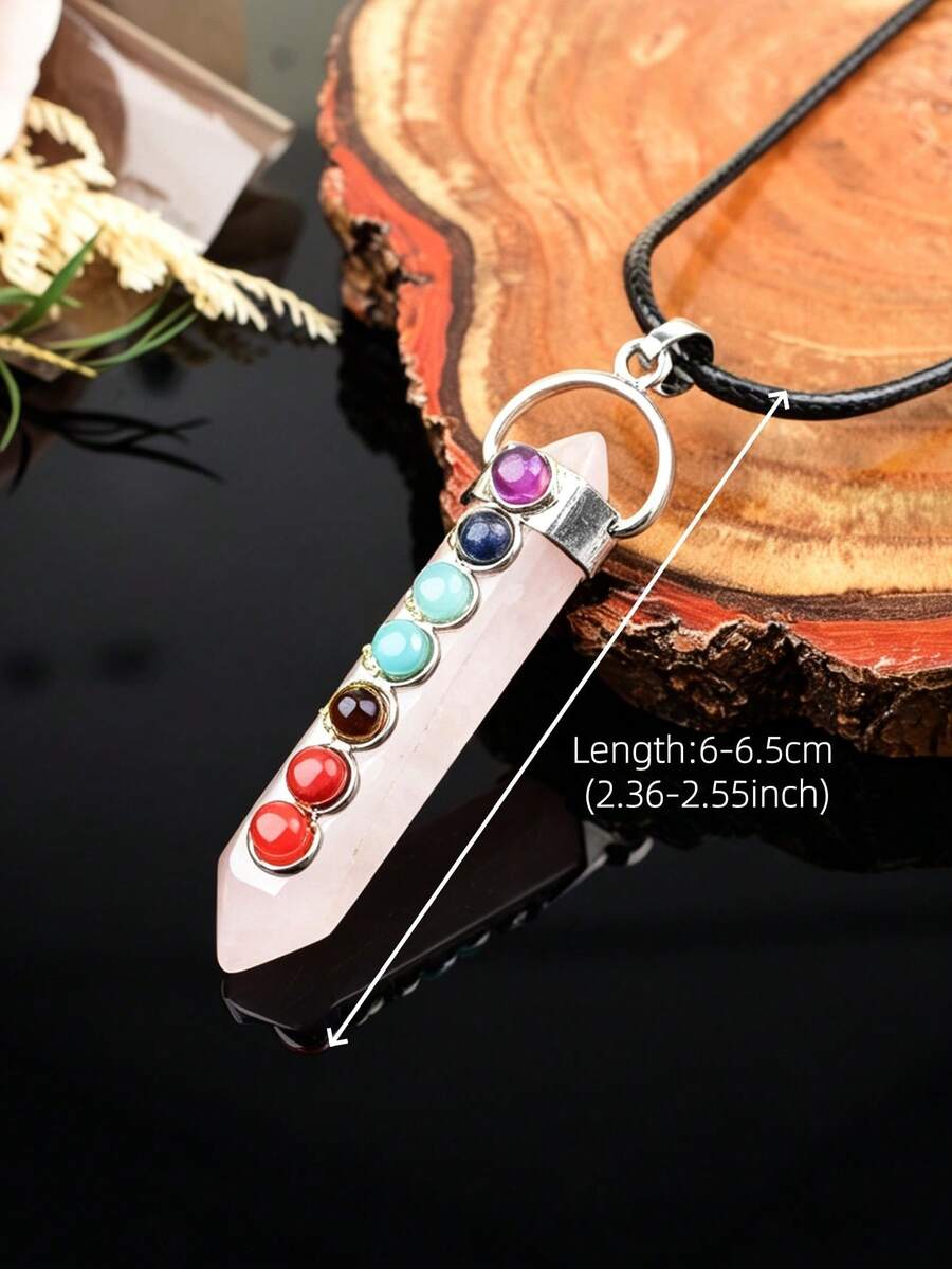 Natural Crystal Double-Pointed Pillar 7 Chakra Colorful Stone Pendant Necklace, Vintage Raw Stone Spiritual Jewelry Accessory