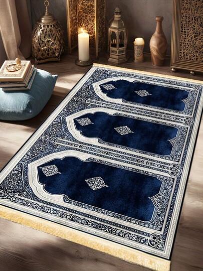 Luxury Islamic Prayer Rug With Tassels - Non-Slip, Foldable Prayer Mat, Suitable For Family Use, Large Gatherings, And Communal Prayer.