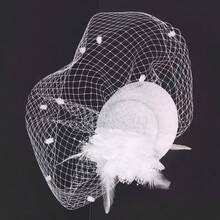 French Vintage Mesh Feather Mini Fascinator, White Flower Pearl Veil Headband, Birthday Photography Bridal Party Hair Accessory - A - View 6