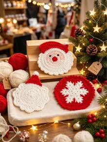 3pcs/Set Handmade Crochet Christmas Coasters Set, Santa Claus Snowflake Heat Resistant Non Slip Coffee Tea Cup Mats, Festive Holiday Table Decor For Home Kitchen Dining, Perfect Xmas Gift, Assorted Designs. Christmas Decrations, Room Decor - Multicolor - View 2