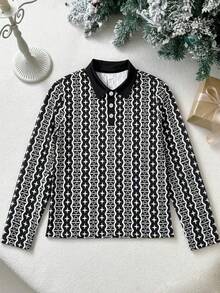 Men's Black And White Star Chain All-Over Print Long Sleeve Polo Shirt - Multicolor - View 5
