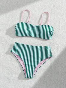 女款條紋印花撞色平胸修身肩帶比基尼兩件套 - 彩色 - 查看 4