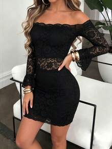 Autumn/Winter Sexy Lace Off-The-Shoulder Black Fitted Dress - Black - View 4