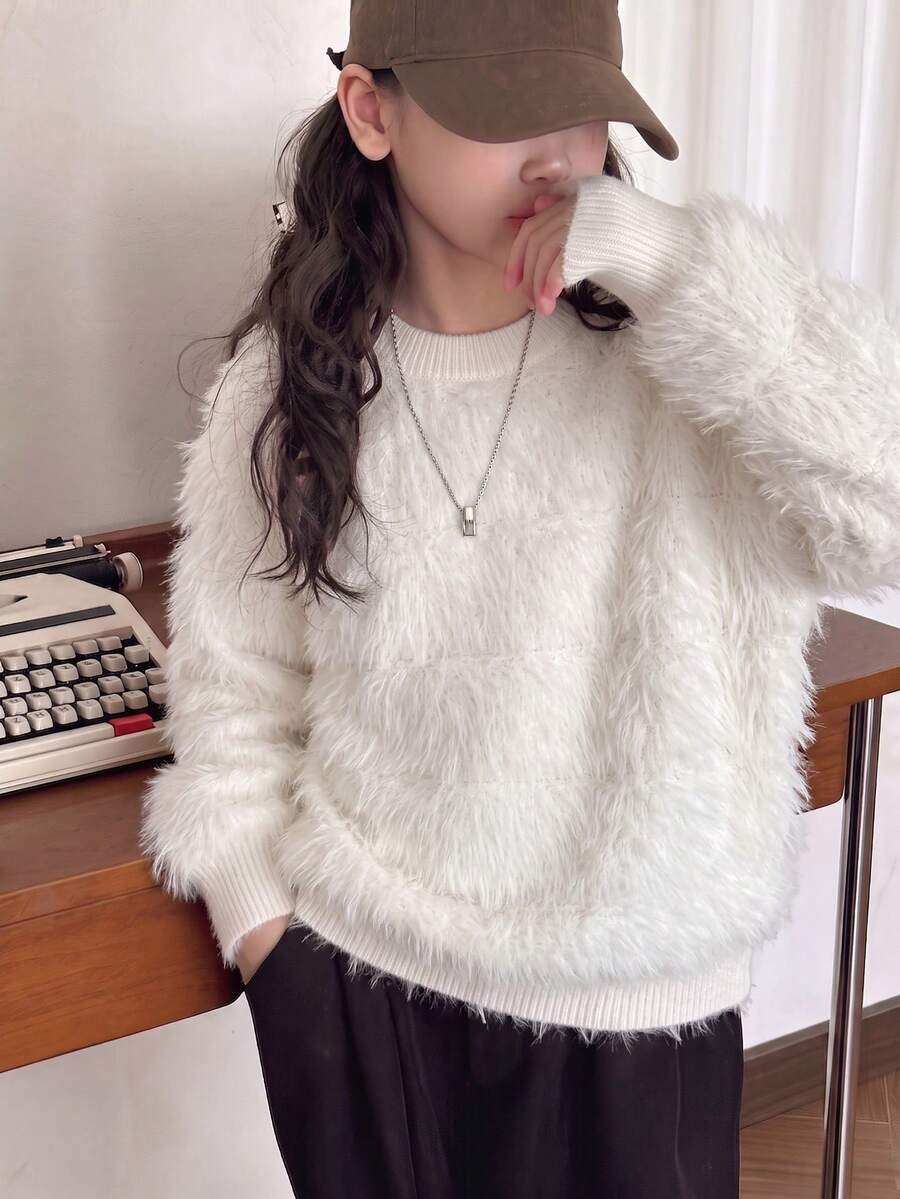 女童優雅素色仿貂毛圓領毛衣,長袖針織套頭衫,適合春、秋、冬休閒日常穿著 - 白色 - 查看 1