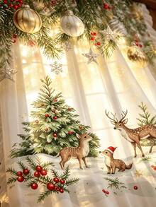 1pc Christmas Atmosphere Decor Christmas Ball, Snowflake, Reindeer, Pine Needle Pattern Rod Pocket Curtain With Tassel And Scalloped Edge, Eyelet Sheer Rod Pocket Curtain, Suitable For Living Room And Bedroom, Door Curtain, Kitchen Curtain, Noise Reduction, Christmas Decor Rod Pocket Curtain - A - View 3