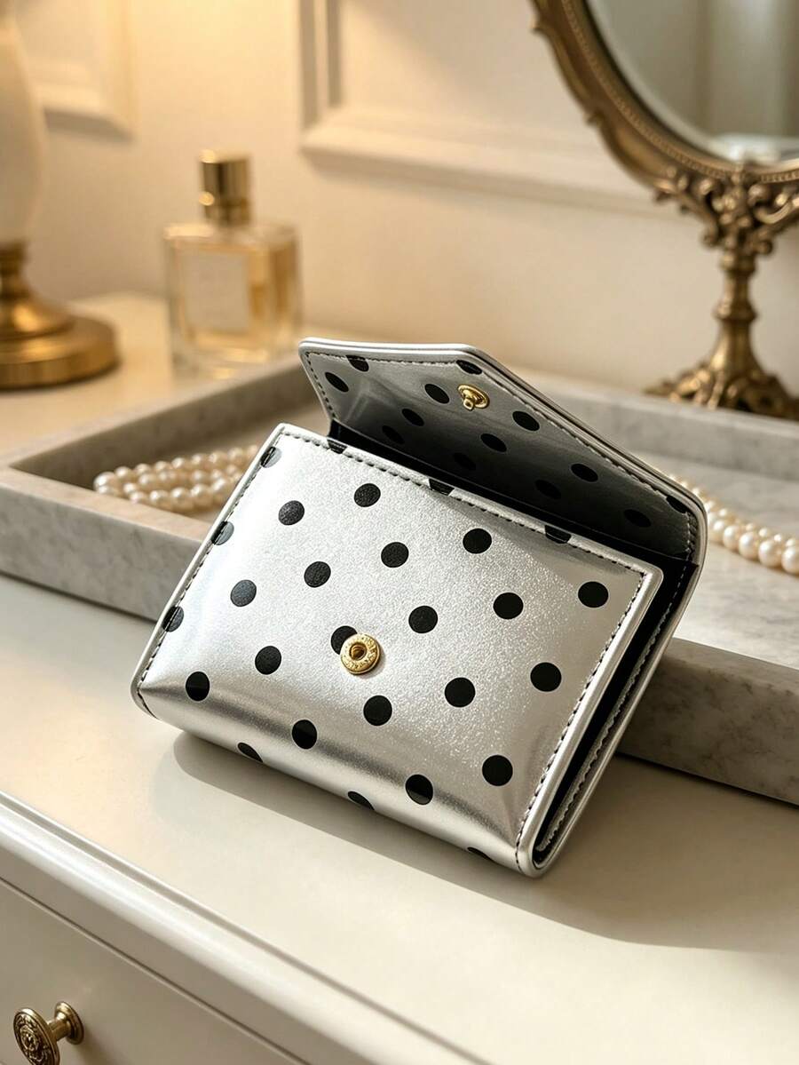 Pearl Bow Polka Dot Wallet, Fashionable Pu Small Wallet, Envelope Design Pu Leather Card Wallet, Id Card Storage Bag - Multicolor - View 1