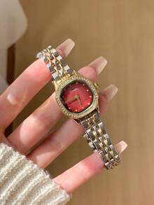 Elegant Two-Tone Octagonal Watch For Women Red Dial Minimalist Markings Stylish Decorative Quartz Watch For Female Everyday Outfit - Silver and Gold - View 3